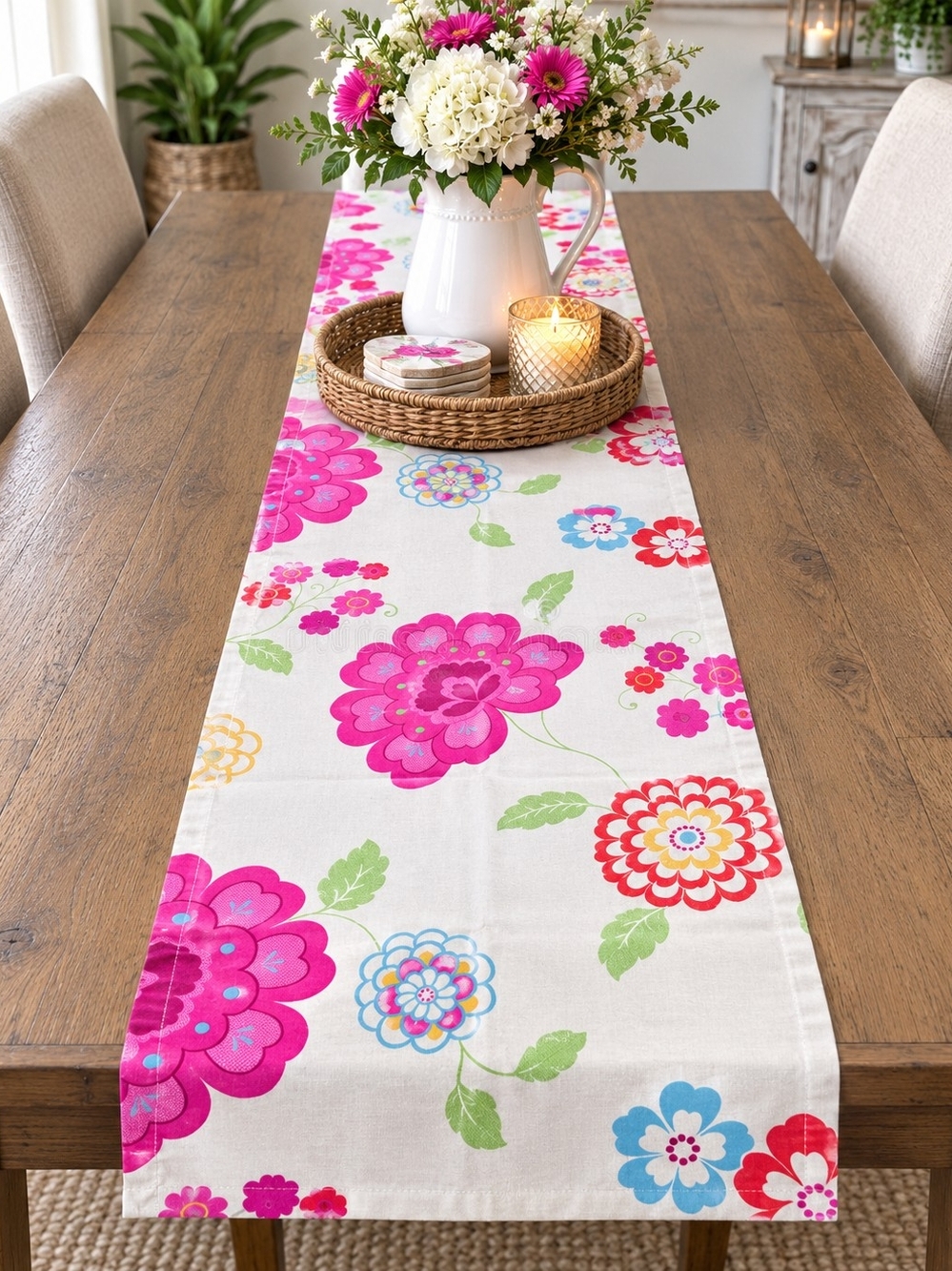 Pink and Whitw Floral Cotton Table Runner - Home Dining Party Decor Boho